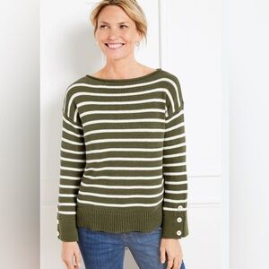 Talbot Petite Bateau Neck Sweater Burnt Olive/Ivory Stripe 100% Cotton Size Mp